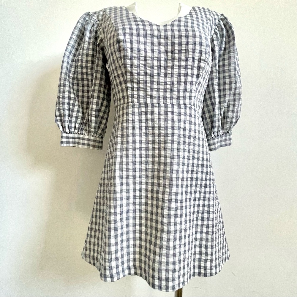 Urban Outfitters Navy and White Puff Sleeve A-Line Dress Medium Size